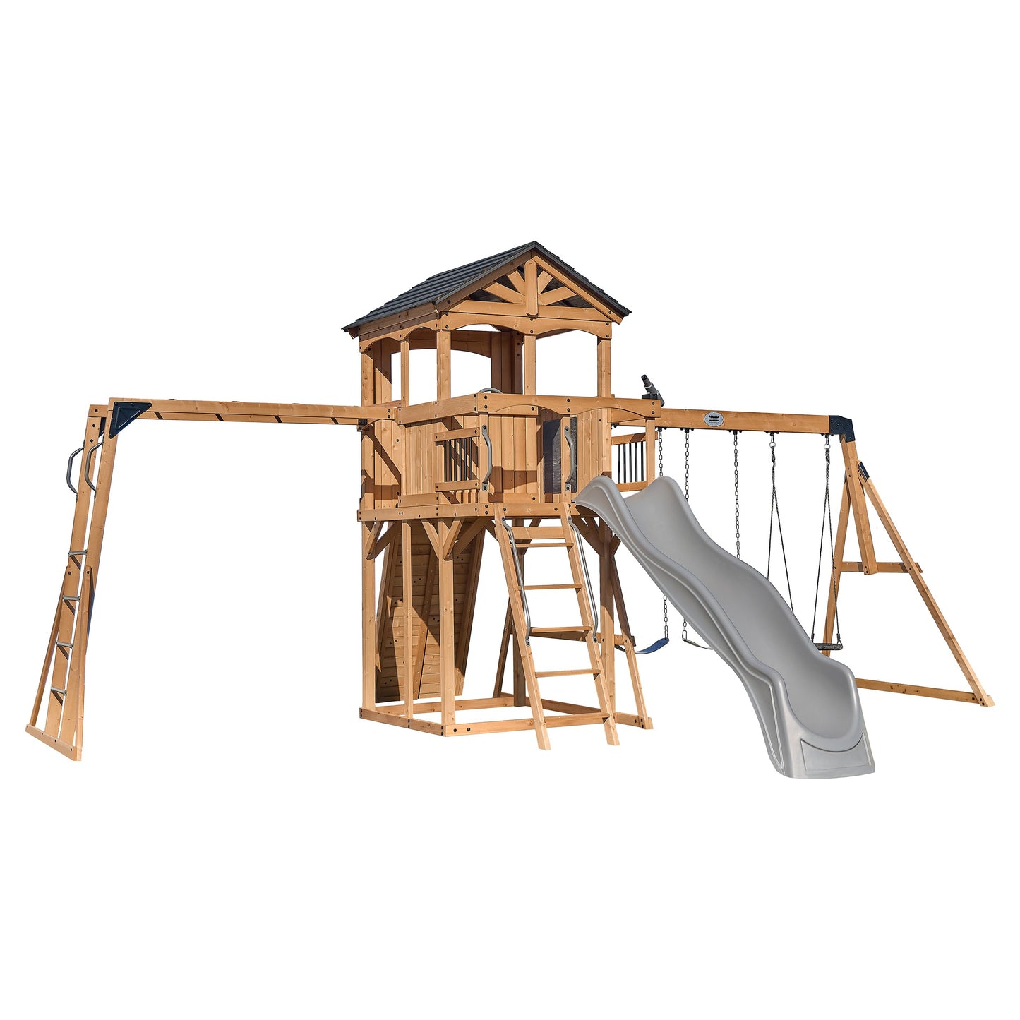 Backyard Discovery Cedar Wood Swing Set with Slide, Clubhouse & Rock Wall