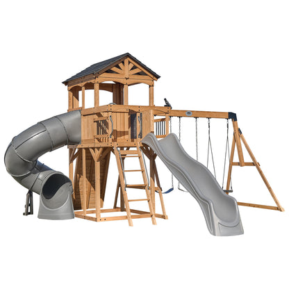 Backyard Discovery Cedar Wood Swing Set with Slide, Clubhouse & Rock Wall