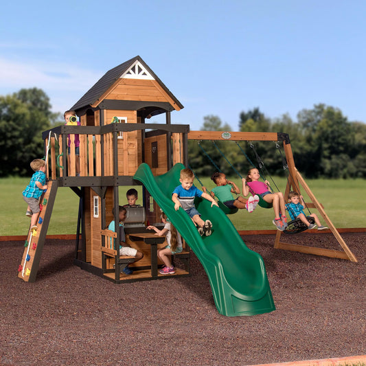 Backyard Discovery Cedar Wood Swing Set with Slide & Clubhouse