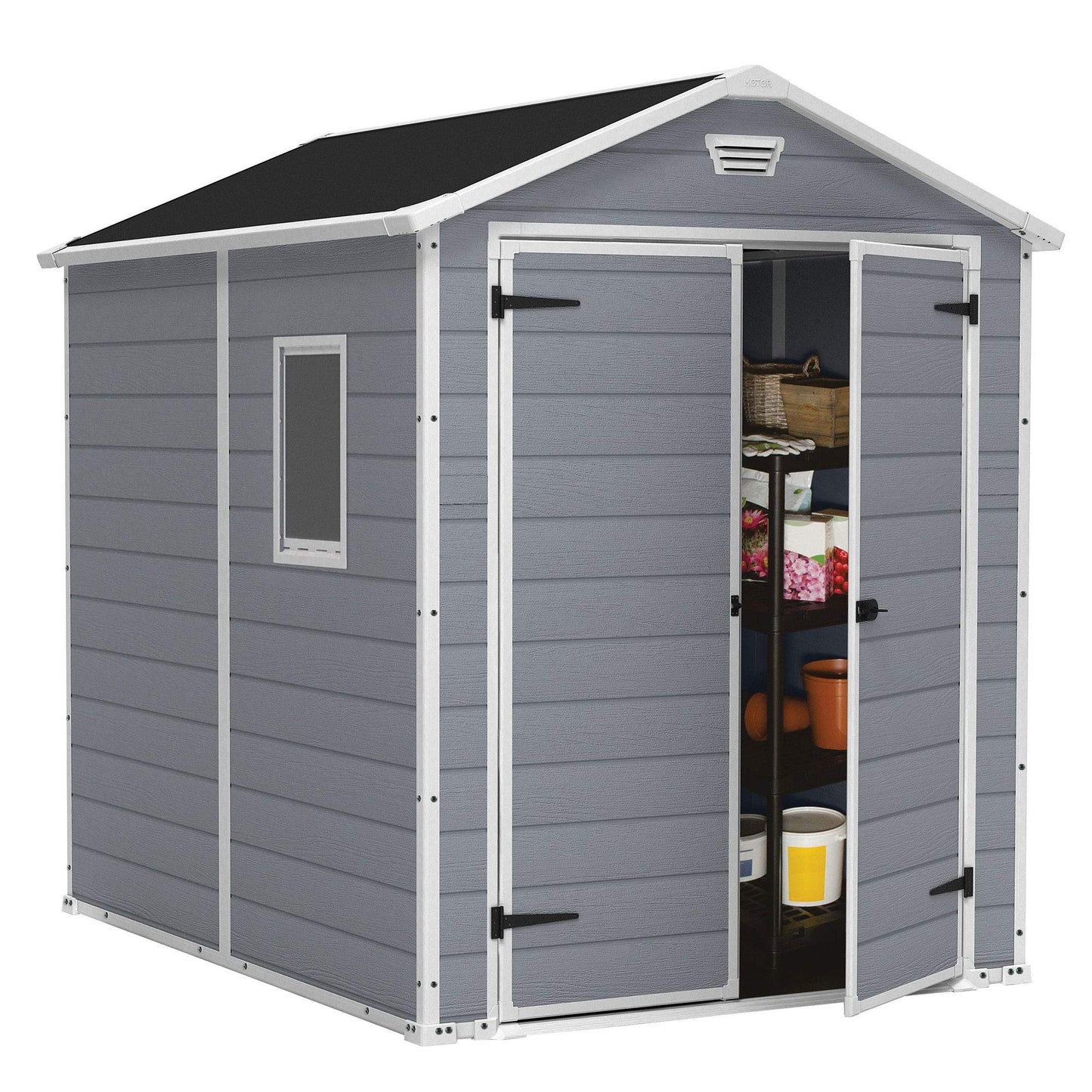 Keter Manor 6x8 Foot All Weather Garden Tool Outdoor Storage Shed with Lockable Double Doors, Fixed Window and Wood-look Resin Walls, Grey