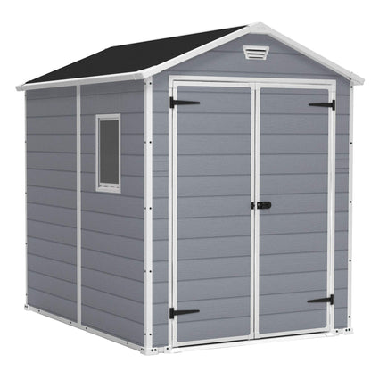 Keter Manor 6x8 Foot All Weather Garden Tool Outdoor Storage Shed with Lockable Double Doors, Fixed Window and Wood-look Resin Walls, Grey