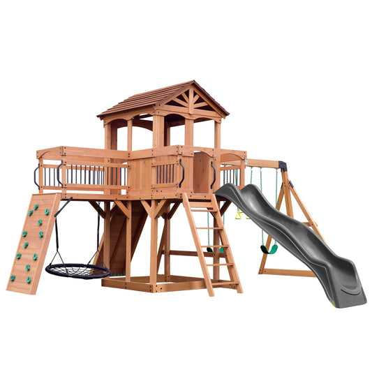 Backyard Discovery Cedar Wood Swing Set with Slide, Clubhouse & Rock Wall