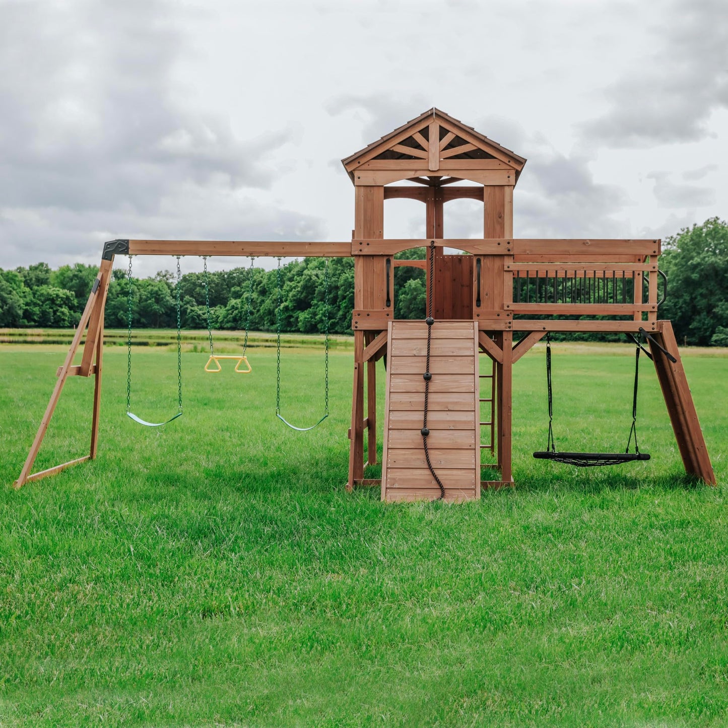 Backyard Discovery Cedar Wood Swing Set with Slide, Clubhouse & Rock Wall