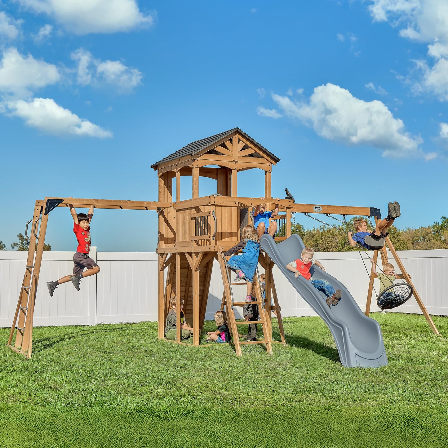 Backyard Discovery Cedar Wood Swing Set with Slide, Clubhouse & Rock Wall