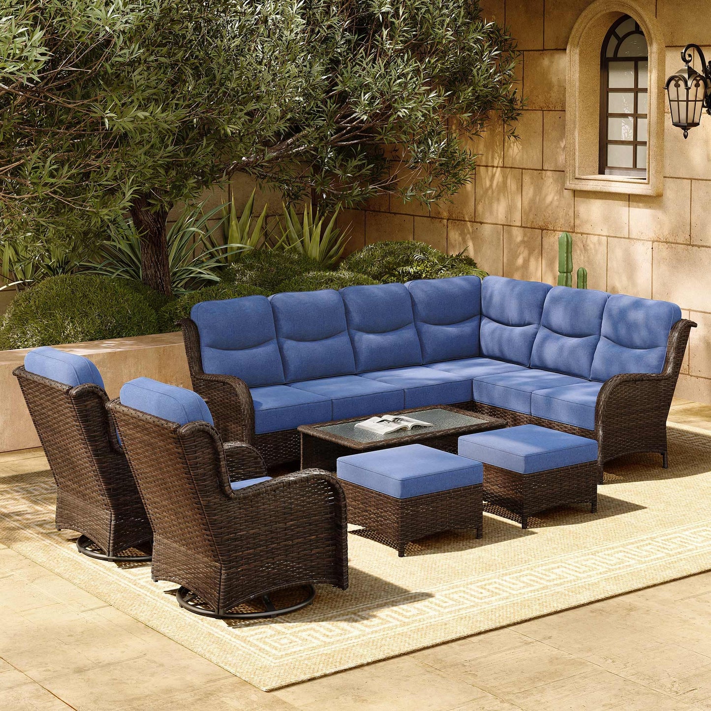 HILLGA 7-Piece Patio Furniture Set – High Back Swivel Chairs & Thick Cushions