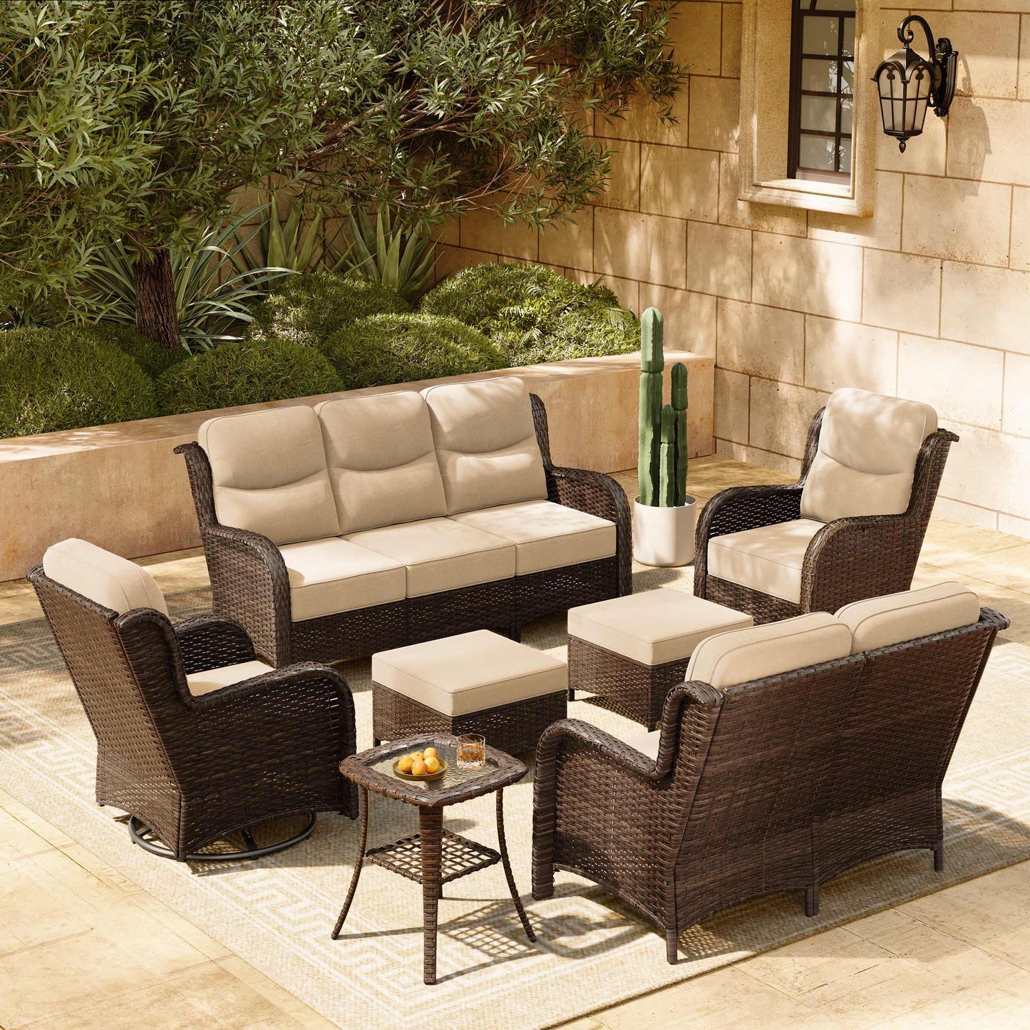 HILLGA 7-Piece Patio Furniture Set – High Back Swivel Chairs & Thick Cushions