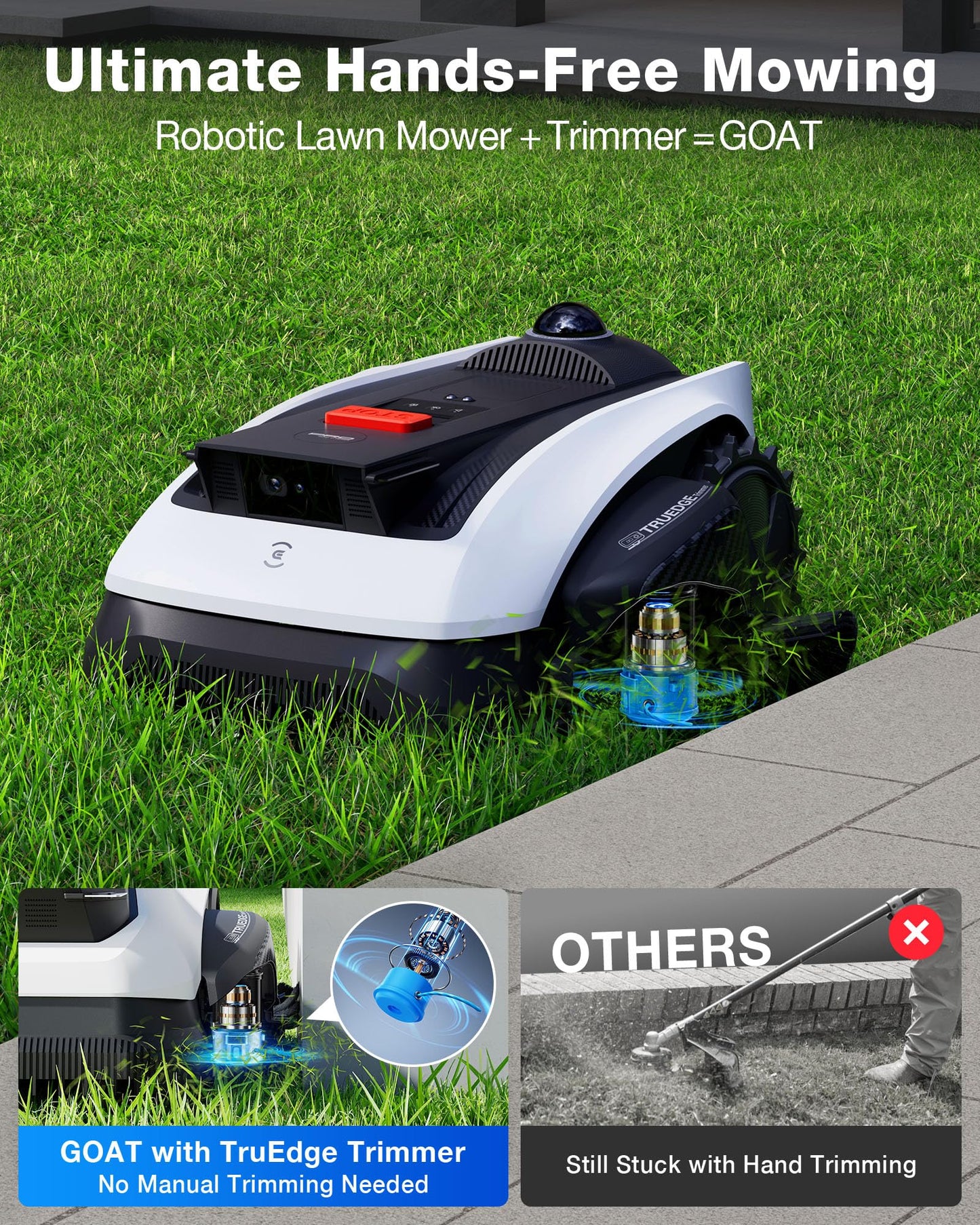 ECOVACS Goat A3000 LiDAR PRO Robotic Lawn Mower for Up to 3/4 Acre, 7500 mAh Battery with 189W Fast Charging, Wire-Free Dual-LiDAR Navigation, Built-in TruEdge Edge Trimmer, Smart App Control