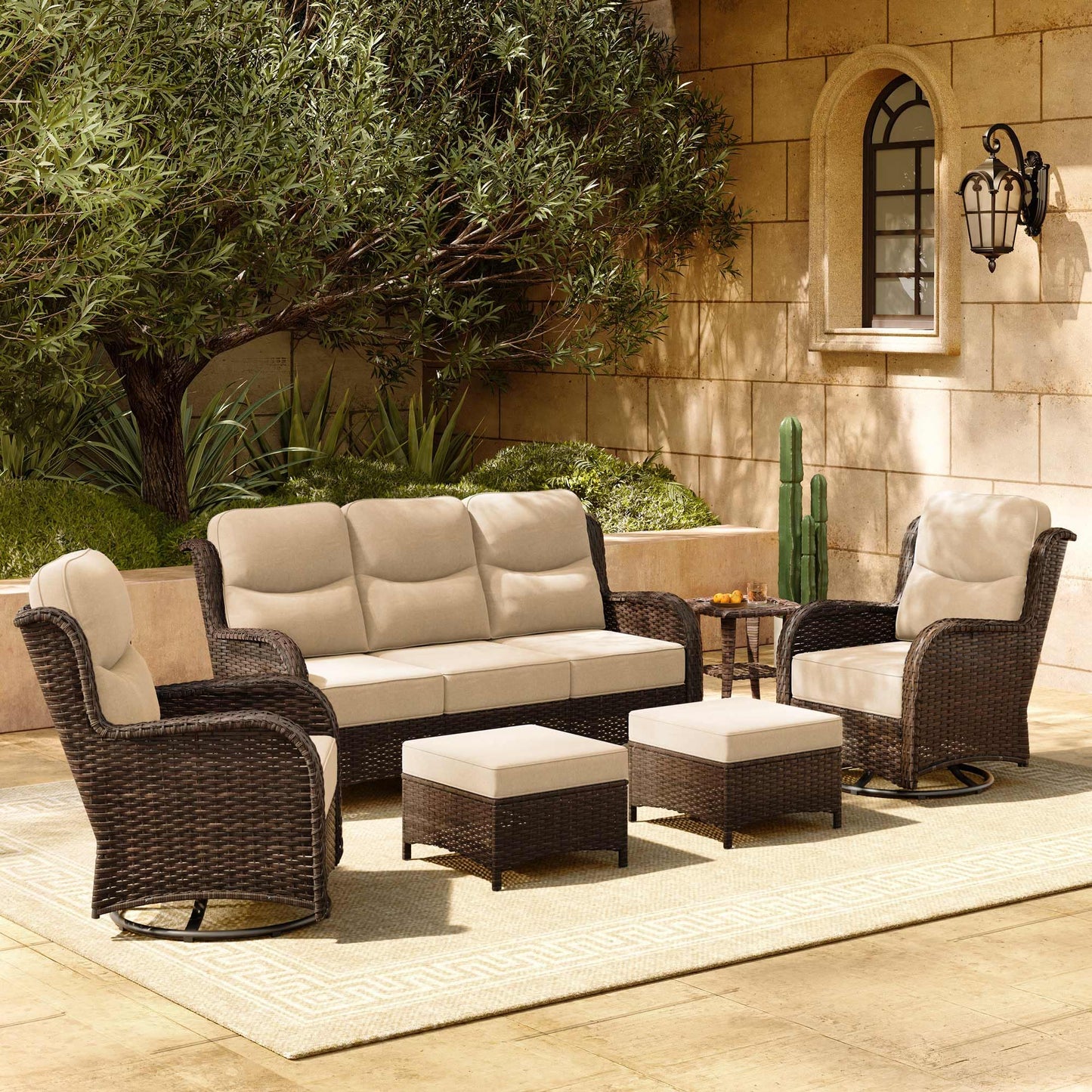 HILLGA 7-Piece Patio Furniture Set – High Back Swivel Chairs & Thick Cushions