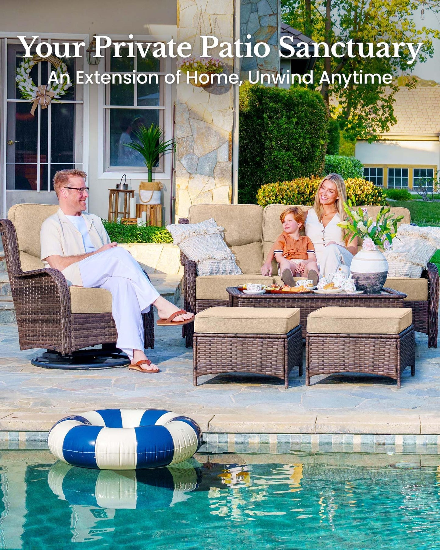 HILLGA 7-Piece Patio Furniture Set – High Back Swivel Chairs & Thick Cushions